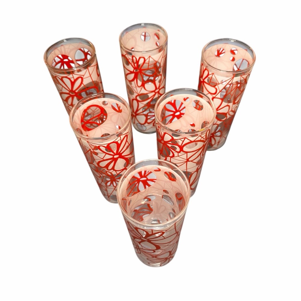 Set of 6 Vintage Dominion 10 ounce Floral Red and White High Ball Glasses (EUC) - Picture 3 of 10